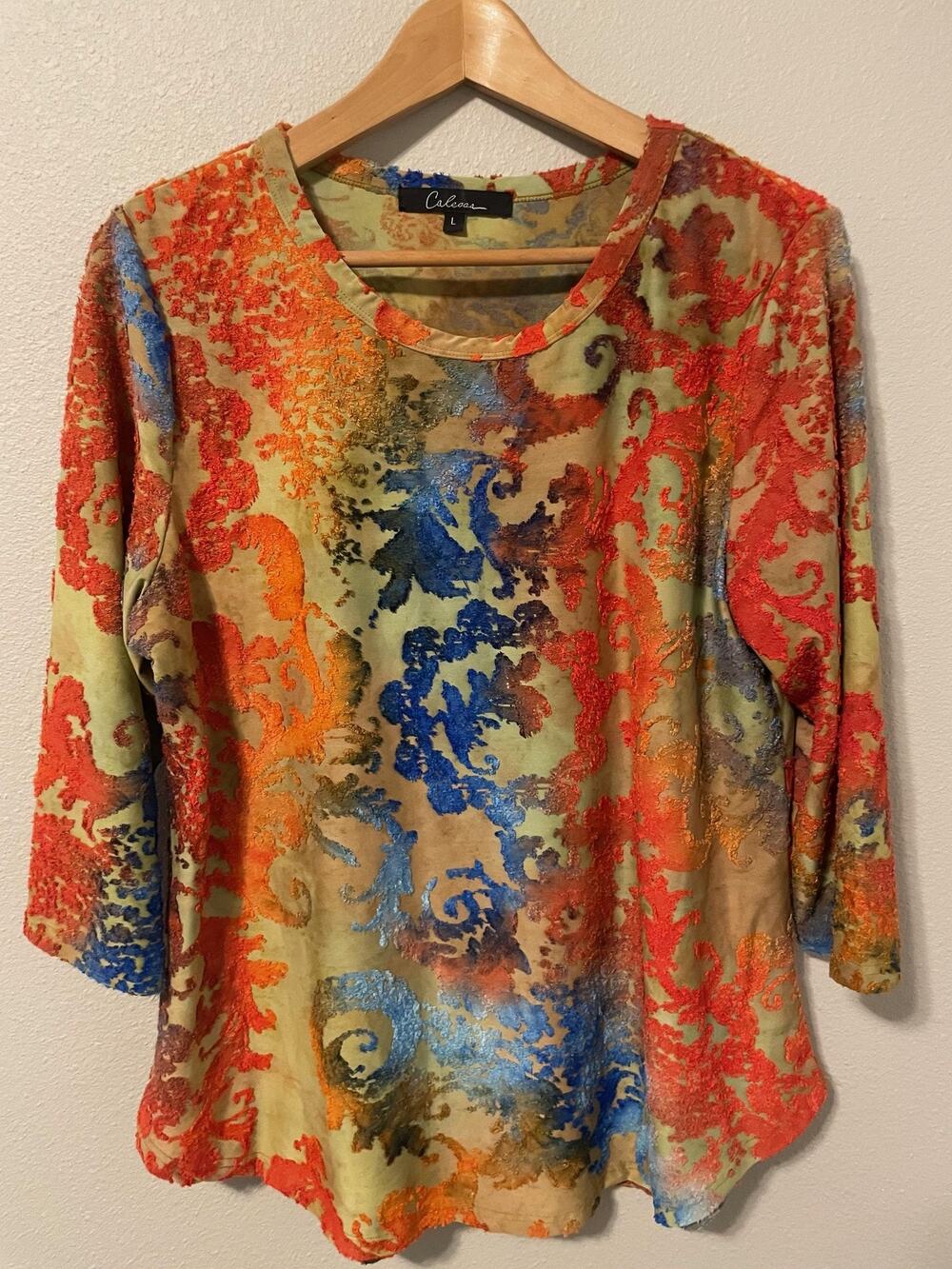 Calessa Tunic Top Womens Large Multicolor Paisley Embroidered Artsy Boho